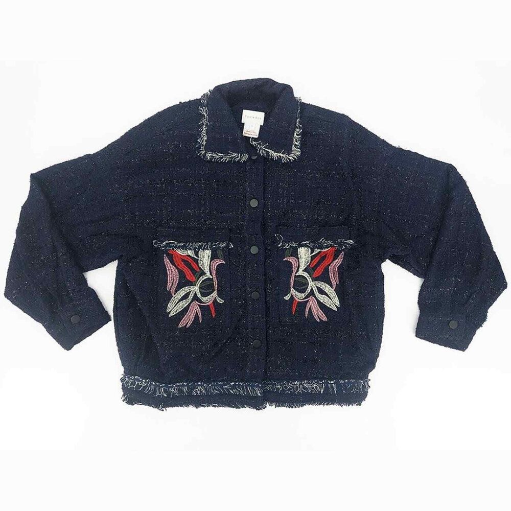 Foxiedox Women's  Floral Embroidered Tweed Fringe Jacket Navy Blue Size Large